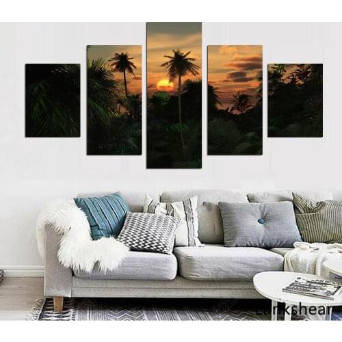 Canvas HD Print Poster Home Decor 5 Pieces Tropical Coconut Tree Landscape Painting Sunset Pictures Wall Art Modular Frame