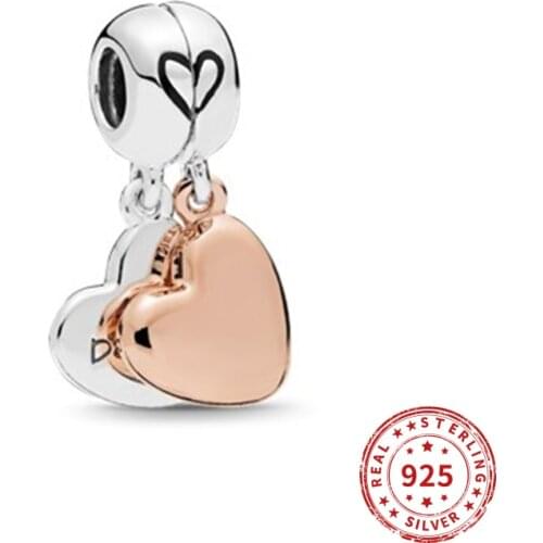 Real 925 Sterling Silver bead Mother & Daughter Heart Split Dangle Charm for Women Fit Pandora Bracelets Bangles DIy Jewelry