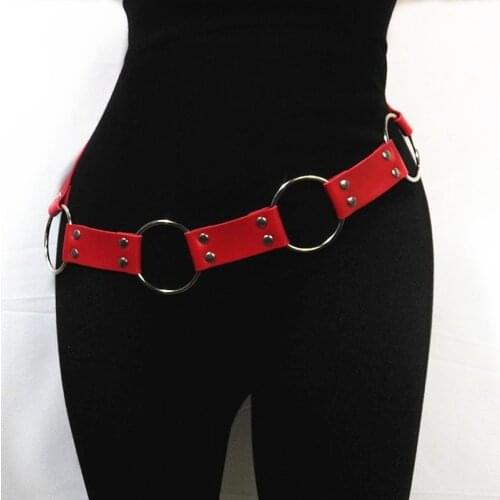 Fashion Women Gothic Punk Waist Belt Metal Circle Ring Design Silver Pin Buckle Leather Black Waistband Jeans Waist Belts