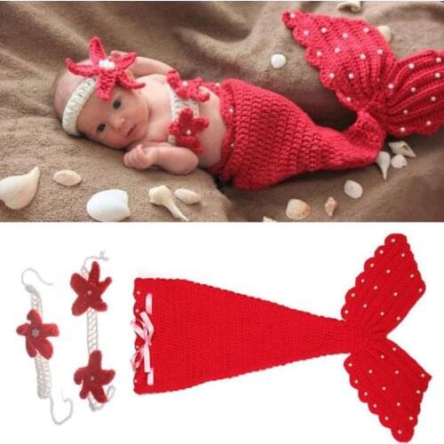 3pcs Cute Red Baby Hat Mermaid Newborn Photography Props Girls Crochet Knitted Cap Hand-woven Photo Costume Props Hats 0-6M