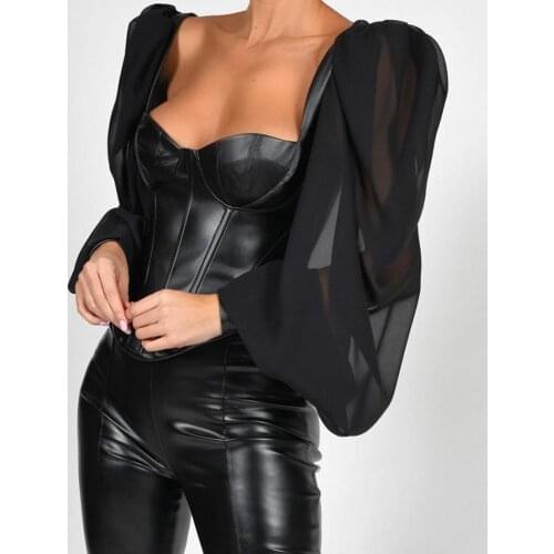 Women Faux Leather Patchwork Puff Sleeve Blouse Semi Sheer Long Sleeve PU Top