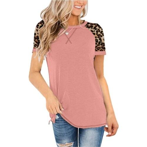 Spring and Summer New Womens Top T-Shirt Leopard Print Stitching Round Neck Short-Sleeved T-Shirt