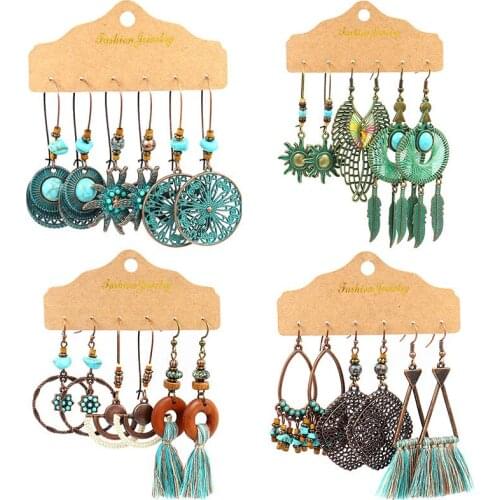 3pair Bohemian Tassel Earrings Fashion Jewelry Women Long Metal Feather flower Circle Drop Dangle Earrings Jewelry Accessories