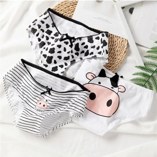 Dreamlikelin Female Lovely Combed Cotton Briefs 3D Kawaii Cows Striped Panties Bow Middle Waist Lingerie for Girl