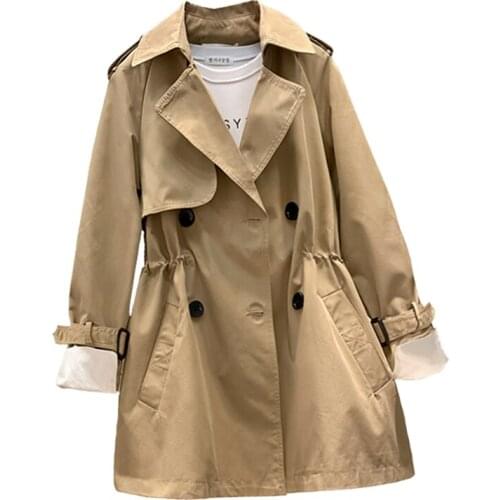 Womens Trench Coat New 2021 Spring Trench Mid-Length Double Breasted Drawstring Khaki Autumn Windbreaker Outerwear Female W405