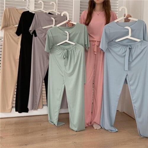 Summer Casual 2 Piece Women Set O Neck Short Sleeve Solid Tops And Long Pants Soft Cool Lce fabric Two Piece Set Woman Outfits