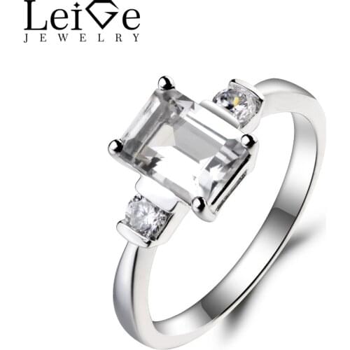 Leige Jewelry Natural White Topaz Ring Topaz Engagement Ring November Birthstone Emerald Cut Gemstone 925 Sterling Silver Gifts