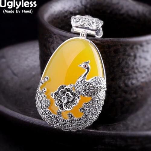 Uglyless Phoenix Flying to Peony Necklaces for Women Marcasite Flowers Peacock Pendants NO Chains Chalcedony 925 Silver Jewelry