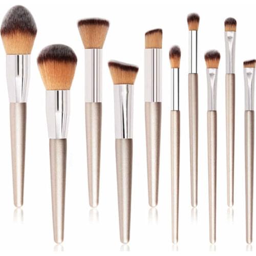 10 Pieces Champaign Gold Wood-Handle Cosmetic Brush Set Beauty Makeup Tool E566