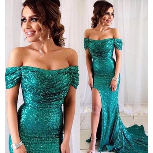 2021 Sparkle Hunter Sequins Mermaid Prom Dresses Off The Shoulder Long Train Formal Evening Gowns Sexy Side High Slit Celebrity