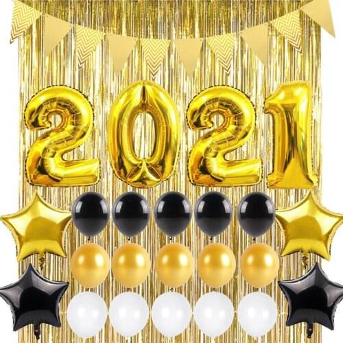 2021 New Year Black Gold Foil Balloon Sets Banner Party Decor Christmas Supplies