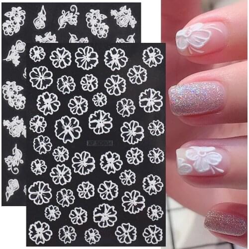 5D Embossed Temporary Tattoo Stickers for Nails Pink Plum Blossom Flowers Nail Art Polish Foils Leaf Rose Manicure Slider