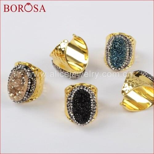 BOROSA New Arrival Oval Shape Rainbow Titanium Druzy Crystal Ring,Crystal Rhinestone Pave Drusy Gold Plated Band Ring for Women