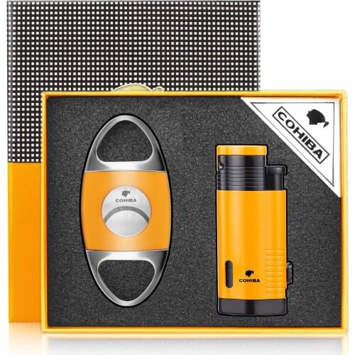 COHIBA Cigar Lighter and Cutter Combo Accessories Set Metal Windproof Butane Gas Torch Lighters with Cigar Punch Needle