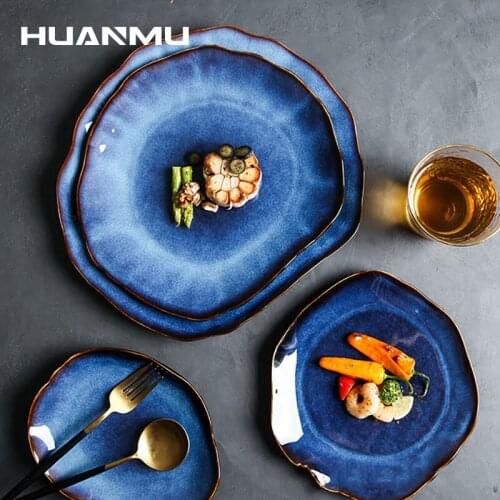Blue Color Ceramic Plate Home Flat Plate Shallow Steak Dish Breakfast Dinner Plate Irregular Sushi Pasta Tableware