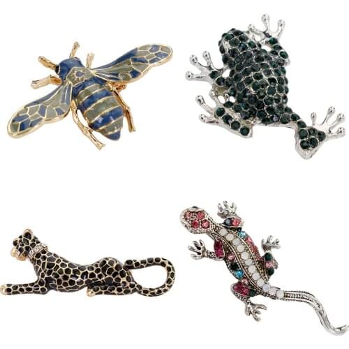 Leopard Bee Toad Gecko Lizard Insect Aniaml Alloy Metal Brooches Crystal Rhinestone Jewelry Lapel Pin Man Suit Women Dress