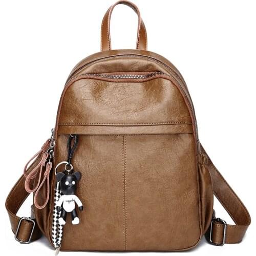 New Fashion Versatile Backpack Women Soft Leather Ladies Backpack Female Casual Zipper Travel Bag School Bag With Pendant 2021