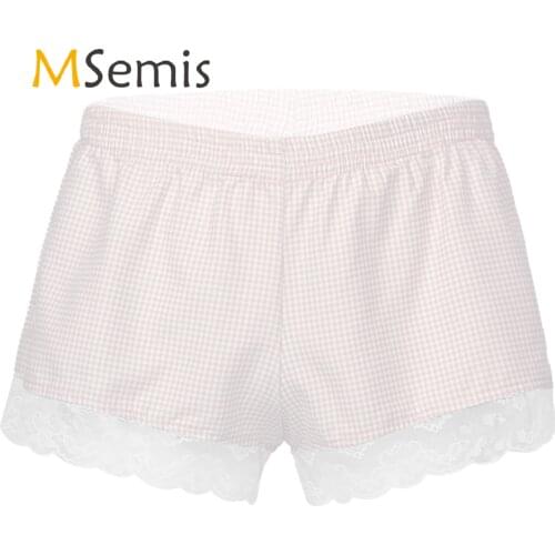 MSemis Men Lace Trim Plaid Mid Waist Pants Sides Bowknot Decor Short Bottoms Elastic Waistband Hot Shorts for Sport Workout