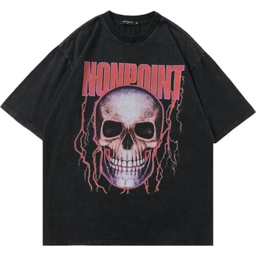 Distressed T Shirt Men 2021 Dark Streetwear Skull Print Harajuku Summer Short Sleeve Hip Hop T-Shirt Cotton Loose Black Tops Tee