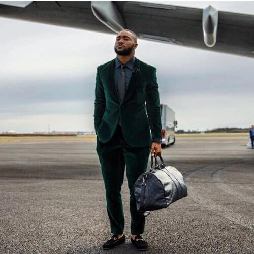 Costume Homme Dark Green Velvet Men Suits One Button Shawl Lapel Wedding Slim Fit Groom Tuxedo Terno Masculino Prom Blazer 2 Pcs