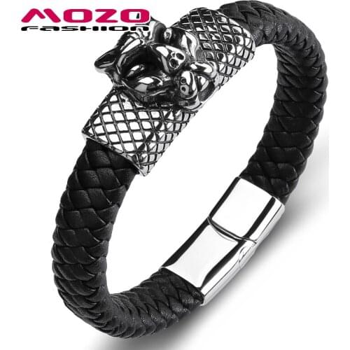 Men Jaguar Bracelet Genuine Leather Stainless Steel Simple Bangle Male Grid Collocation Punk Cuff Jewelry