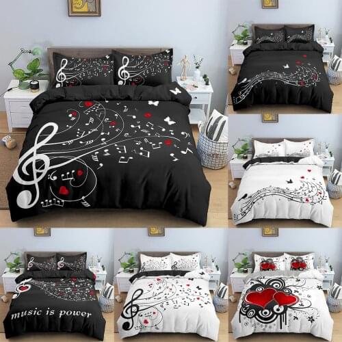 Music Bedding Set With Pillowcase Flexible Musical Note Duvet Quilt Cover High Quality Red Heart Pattern Comforter Cover 2/3Pcs