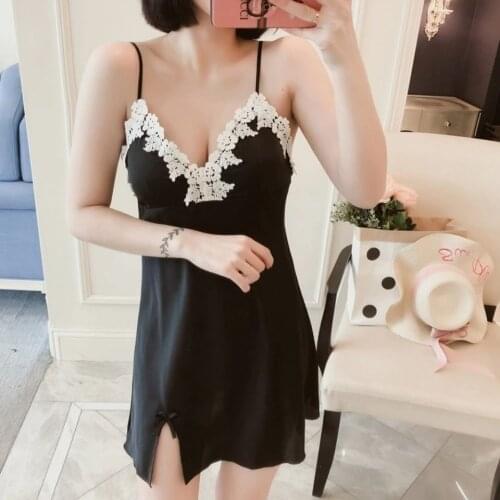 Sexy Lingerie Women Nightdress Lace Mini Dress Deep V Neck Nighties Nightgown bow sling Sleep Wear solid Sleepwear Nightwear
