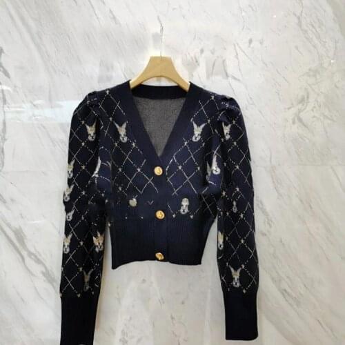 2021 New Plaid Knit Sweater Fashion Slim V-Neck Long Sleeve Cardigan Single-Breasted Cardigan Sweater Metal Button Chic Top