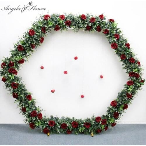 Custom Burgundry Rose Eucalyptus Leaf Flower Row Arrangement Wedding Arch Backdop Wall Decoration Home Party Shop Window Display