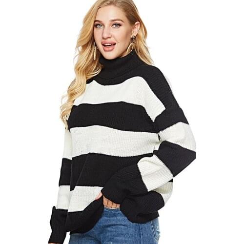 Pullover ladies oversized pile collar striped knitted sweater women fall/winter new fashion simple pullover sweater