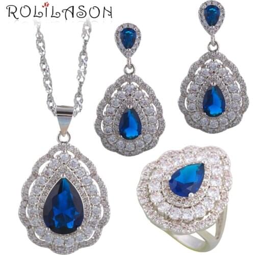 ROLILASON Dark blue Zircon Zirconia Water drop filled stamped Jewelry Sets Earrings Necklace rings JS697