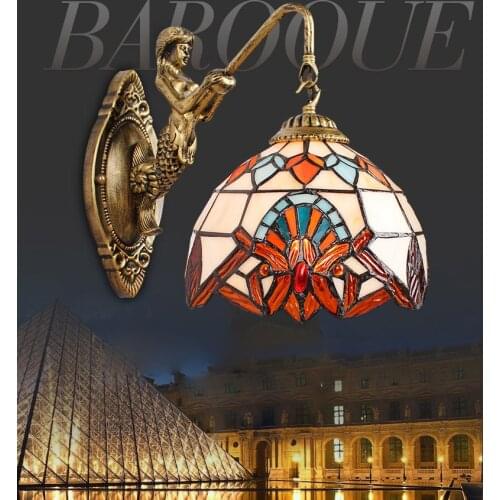 Vintage LED Baroque Tiffany Shell Wall Lamp Hand Made Wall Lights for Bedroom Porch Hallway Home Indoor Lighting Sconce Fixtures