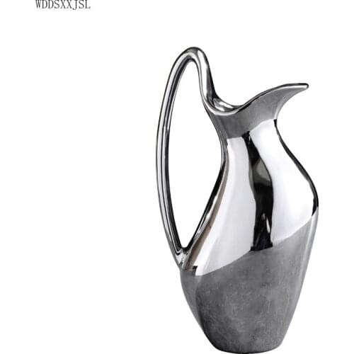 WDDSXXJSL Creative electroplating silver ceramic vase decoration kettle-shaped home living room flower arrangement vase decor