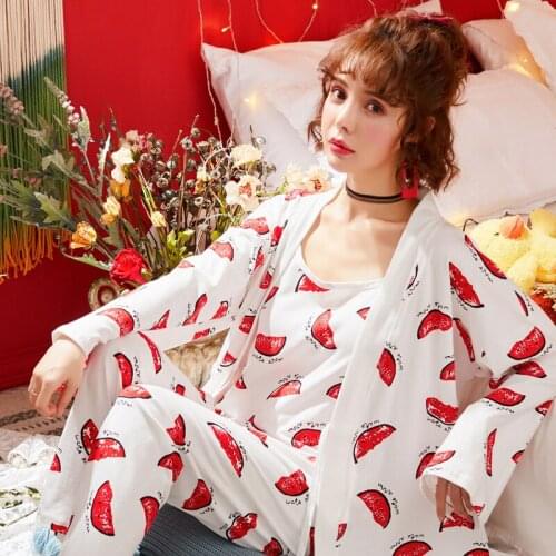 Women spring and autumn summer cotton spaghetti strap three piece casual sexy sweet long sleeve trousers pajama sets pajama set