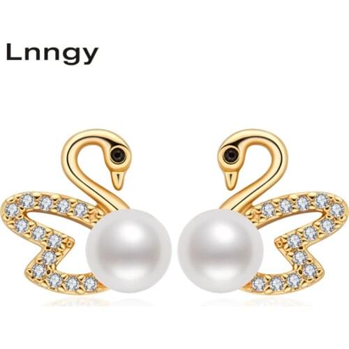 Lnngy Exquisite Swan Earrings 100% Natural Freshwater Pearl Vintage Stud Earrings Prevent Allergy Personality Women Earring Gift