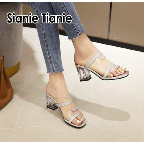 Sianie Tianie 2020 summer PVC clear heels sexy woman block high heels shoes transparent slides women slippers slip-on mules