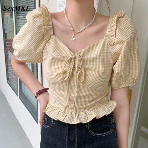 Sexy Off Shoulder Ladies Tops Summer 2021 New Fashion Puff Sleeve Corset Top Blouse Women Slim Plaid French Crop Bustier Blouses