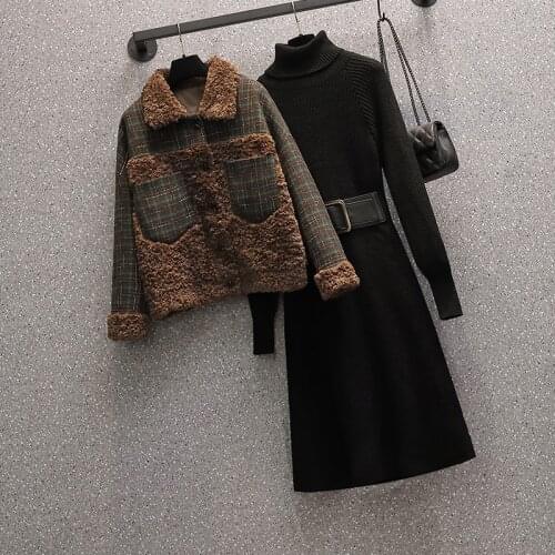Fashion plus size women suit 2021 autumn winter new sheep cake wool stitching woolen coat knitted dress two-piece sets 4XL s202