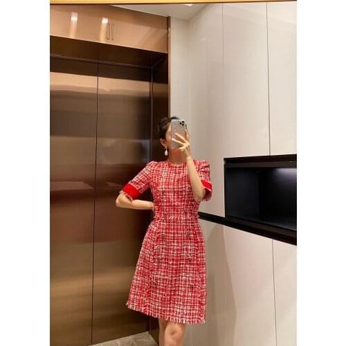 2021 Tweed Dress Women Spring Red Round-Neck Sleeves Multicolor Knit Flared Midi Print Top Quality Sicily Runway Short