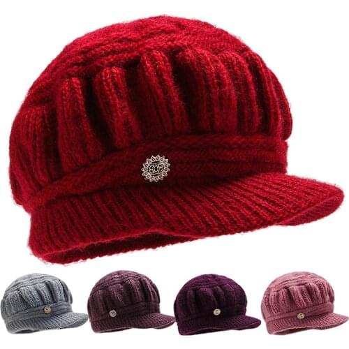Middle-aged Winter Plus velvet Thicken Solid color Knit Hat Women Dome Skullies Beanies fashion Warm Hat visor cap L07