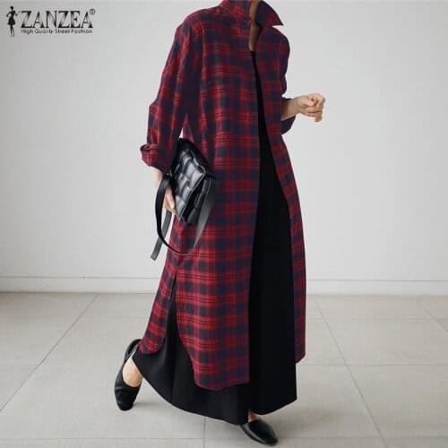 2021 ZANZEA Vintage Women Plaid Checked Sundress Autumn Long Shirt Dress Robe Femme Casual Lapel Neck Long Sleeve Loose Vestidos