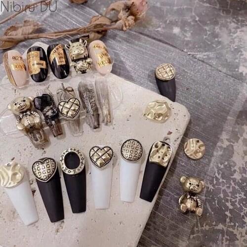 3D Nail Charms Kawaii Accessories Mixed Shaped Heart Bear Gold Retro Iron Nail Art Decorations Nail Supplies For Professionals
