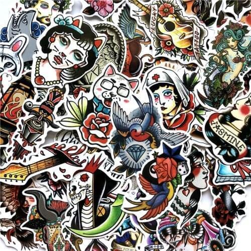 50pcs/lot Black&white Old School Tattoo Stickers for Laptop Suitcase Skateboard Little Vintage Style Waterproof Sunscreen Decals