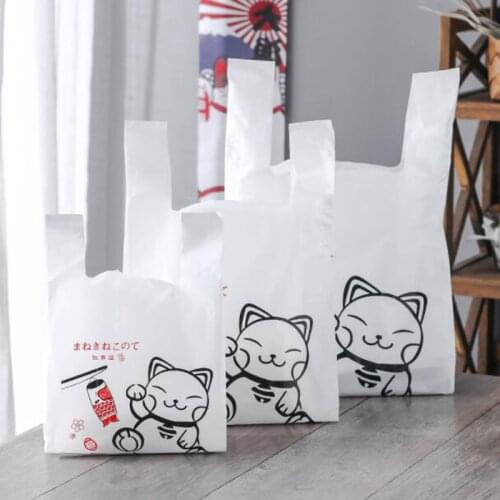 50pcs Lucky Cat Pattern Plastic Vest Bag Disposable Sushi Dessert Cake Food Packaging Bag Takeaway Carrier