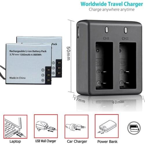 2PCS EKEN 1350mAh Battery with Battery Charger for EKEN H9 h9r Plus H5s Plus h6s H7 SJ4000 Sj5000 M10 SJ7000 SooCoo c30 C50 f68