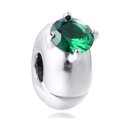 Fits for Pandora Charms Bracelets Green Round Solitaire Clip Beads 100% 925 Sterling Silver Jewelry Free Shipping