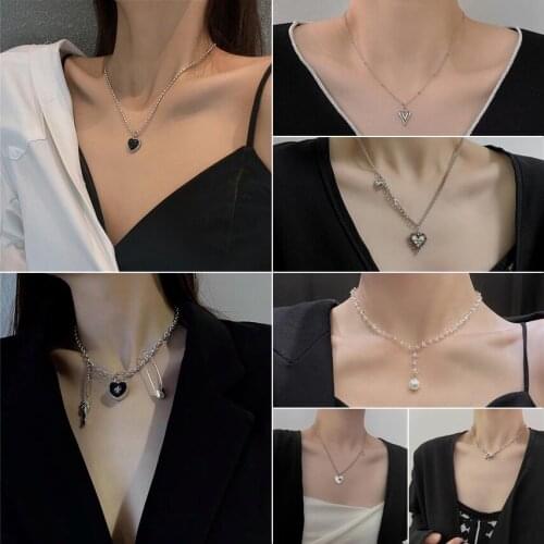SOHOT Chic Punk Stainless Steel Cherry Heart Crystal Pin Square Card Pearl Pendant Necklace Female Jewelry Wedding Drop Shipping