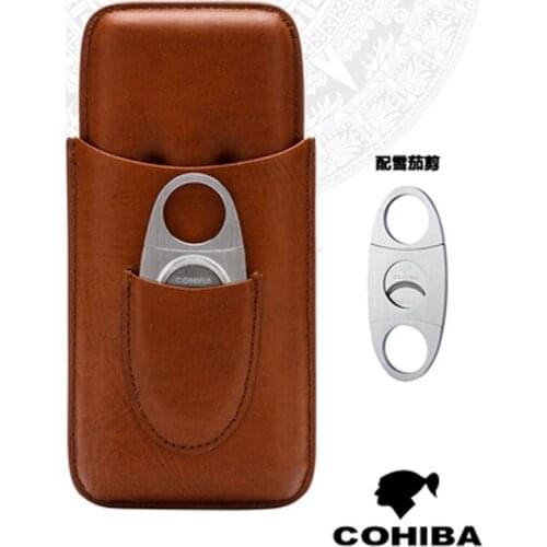 Cohiba Brown Genuine Leather Cigar Cigarette Holder Case Travel Humidor W/Cutter Set 3 Tube Tobacco Storage Holder Smoking Tool