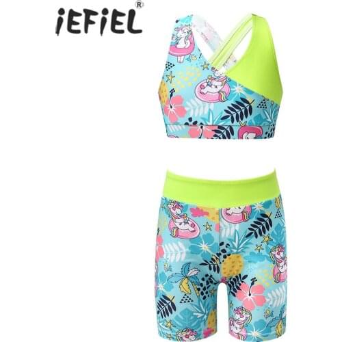 Kids Girls Clothes Sets V Neck Sleeveless Straps Cross at Rear Tanks Crop Top with Shorts Workout Dancewear Gymnastics Outfit