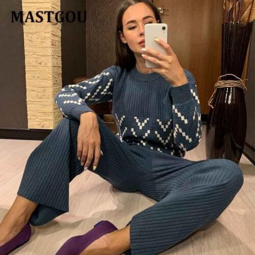 MASTGOU Luxury Knit Women 2 Piece Sweater Sets Winter Thick Warm Long Wide Leg Straight Pant Suits Two Piece Womens Tracksuits